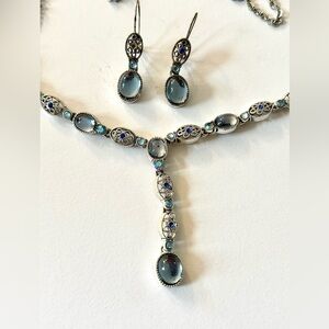 Vintage Y2K Blue Glass and Silver Pendant Necklace with Matching Earrings